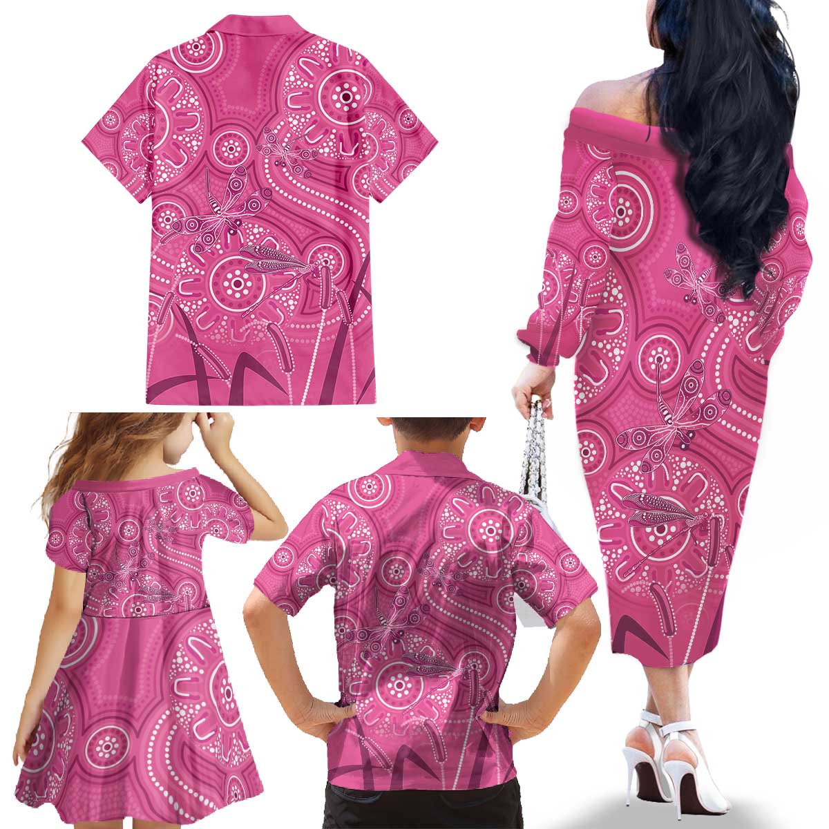 Australia Indigenous Pink Month Family Matching Off The Shoulder Long Sleeve Dress and Hawaiian Shirt Breast Cancer Aboriginal Dragonflies Ribbon - Aussie Hoodie