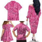 Australia Indigenous Pink Month Family Matching Off The Shoulder Long Sleeve Dress and Hawaiian Shirt Breast Cancer Aboriginal Dragonflies Ribbon - Aussie Hoodie