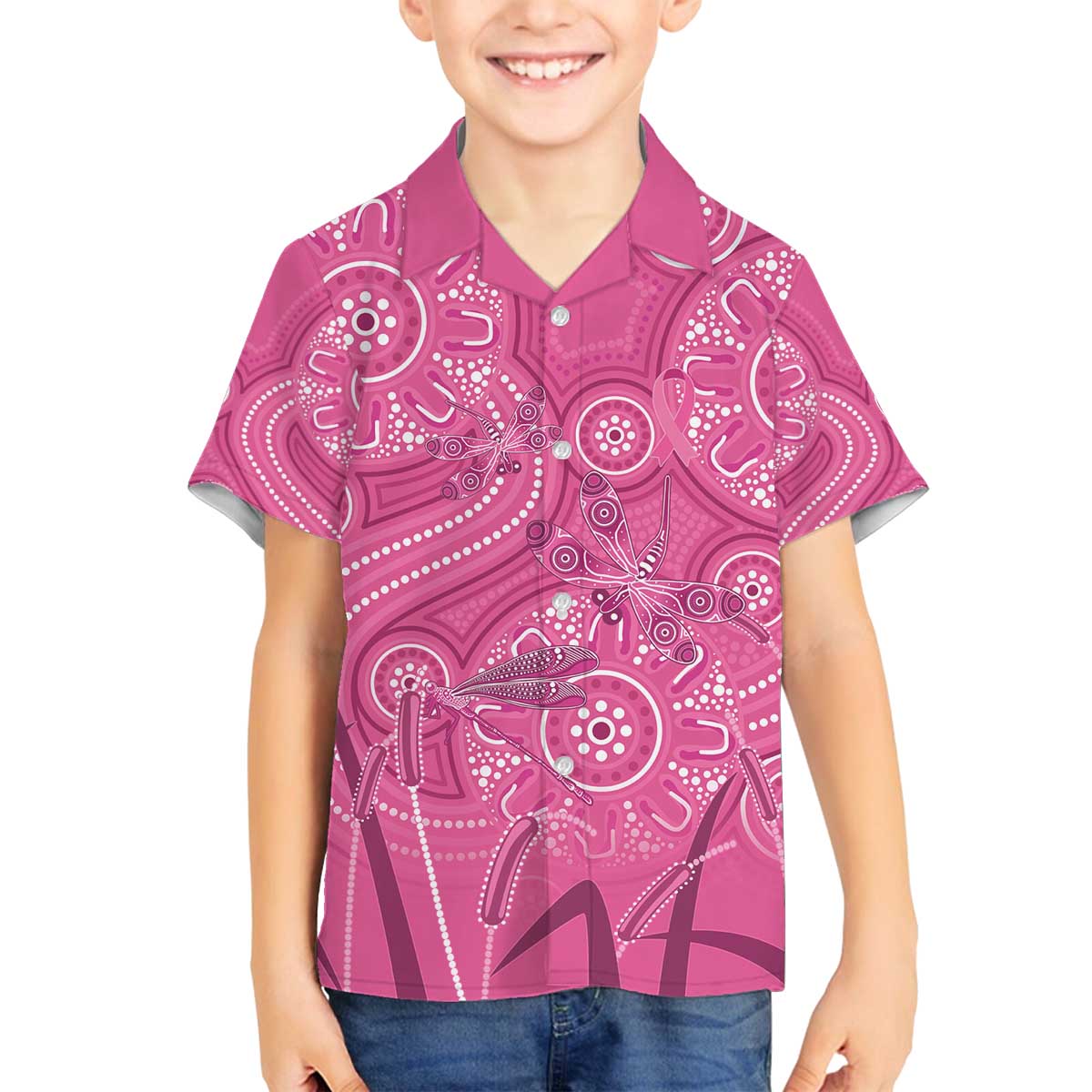Australia Indigenous Pink Month Family Matching Off The Shoulder Long Sleeve Dress and Hawaiian Shirt Breast Cancer Aboriginal Dragonflies Ribbon - Aussie Hoodie