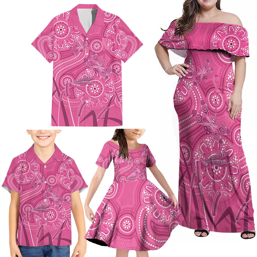 Australia Indigenous Pink Month Family Matching Off Shoulder Maxi Dress and Hawaiian Shirt Breast Cancer Aboriginal Dragonflies Ribbon - Aussie Hoodie