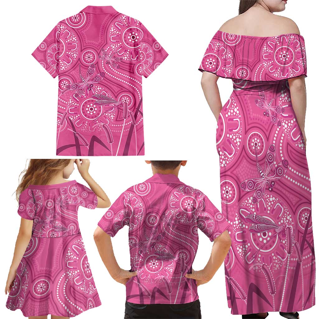 Australia Indigenous Pink Month Family Matching Off Shoulder Maxi Dress and Hawaiian Shirt Breast Cancer Aboriginal Dragonflies Ribbon - Aussie Hoodie