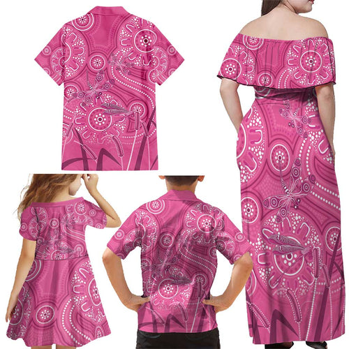 Australia Indigenous Pink Month Family Matching Off Shoulder Maxi Dress and Hawaiian Shirt Breast Cancer Aboriginal Dragonflies Ribbon - Aussie Hoodie