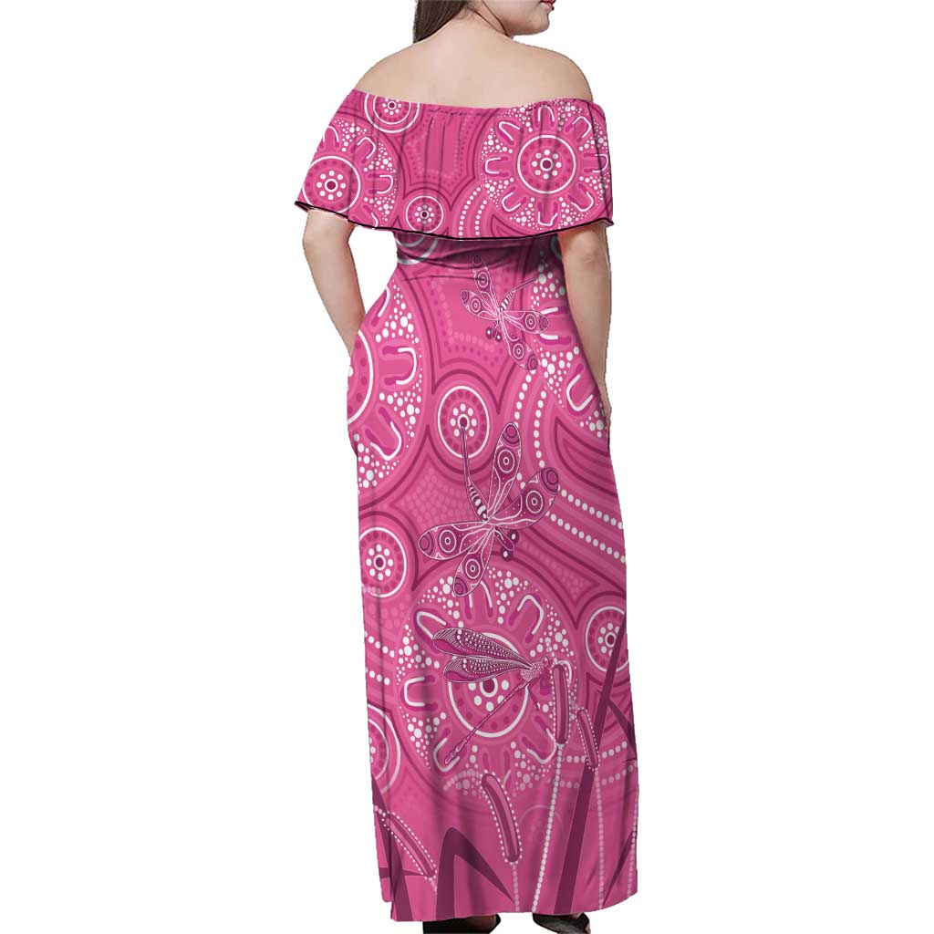 Australia Indigenous Pink Month Family Matching Off Shoulder Maxi Dress and Hawaiian Shirt Breast Cancer Aboriginal Dragonflies Ribbon - Aussie Hoodie
