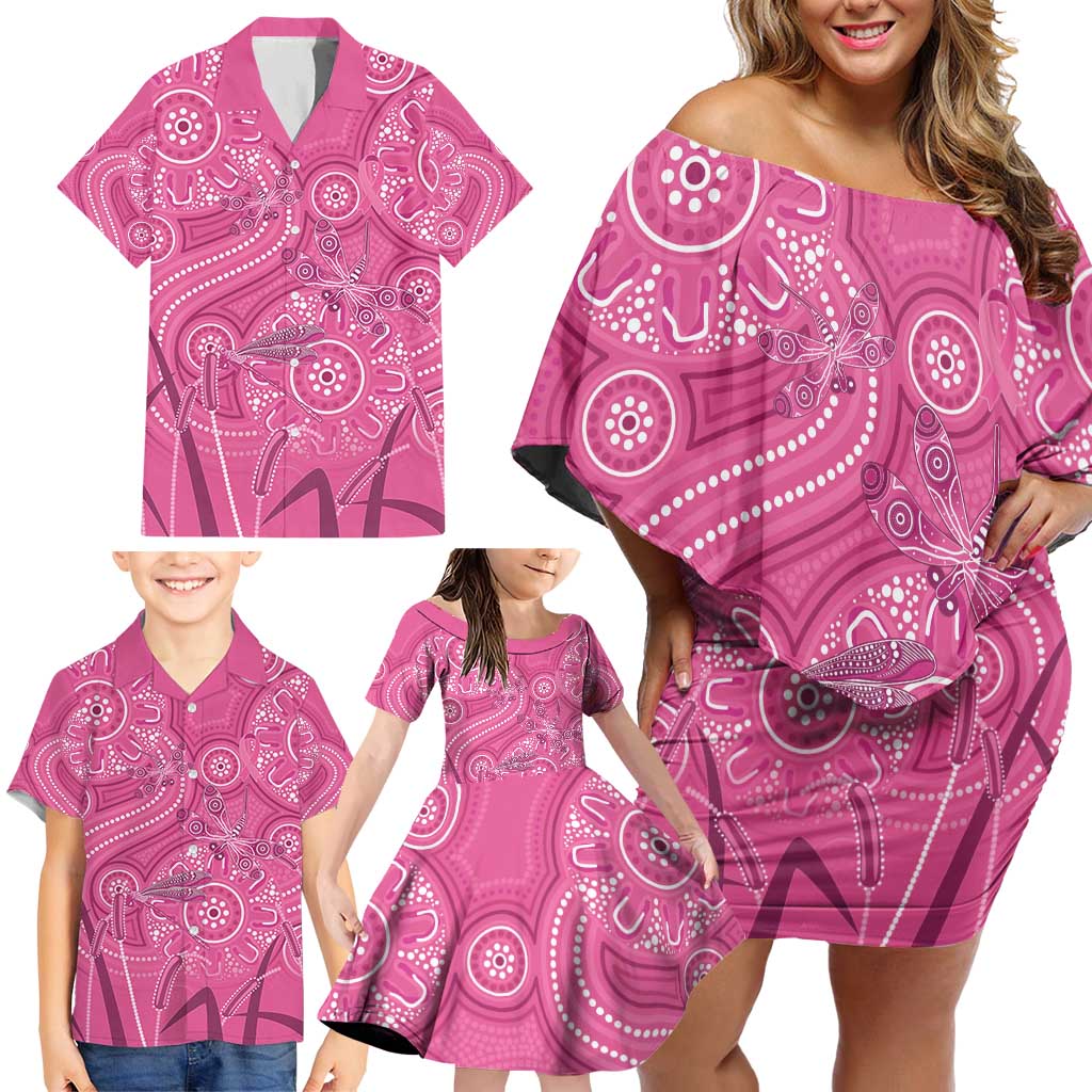 Australia Indigenous Pink Month Family Matching Off Shoulder Short Dress and Hawaiian Shirt Breast Cancer Aboriginal Dragonflies Ribbon - Aussie Hoodie