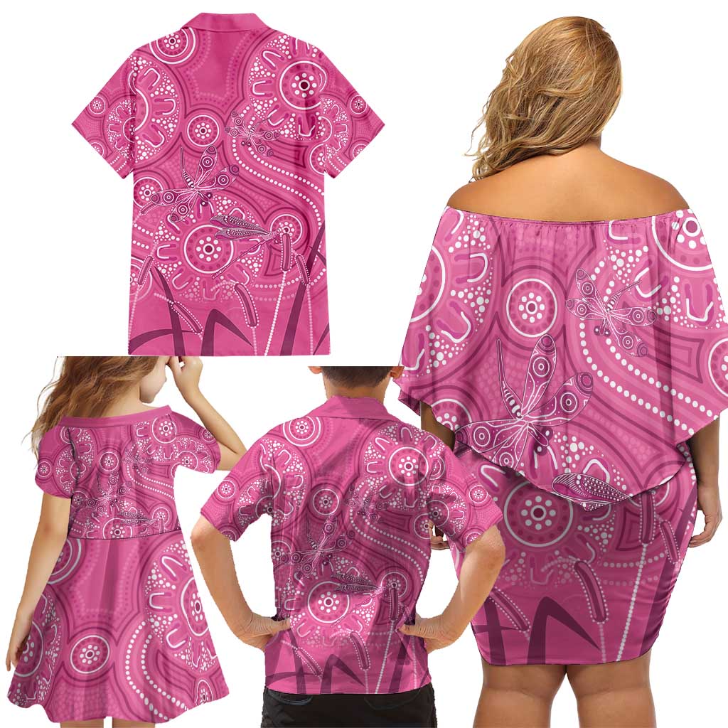 Australia Indigenous Pink Month Family Matching Off Shoulder Short Dress and Hawaiian Shirt Breast Cancer Aboriginal Dragonflies Ribbon - Aussie Hoodie