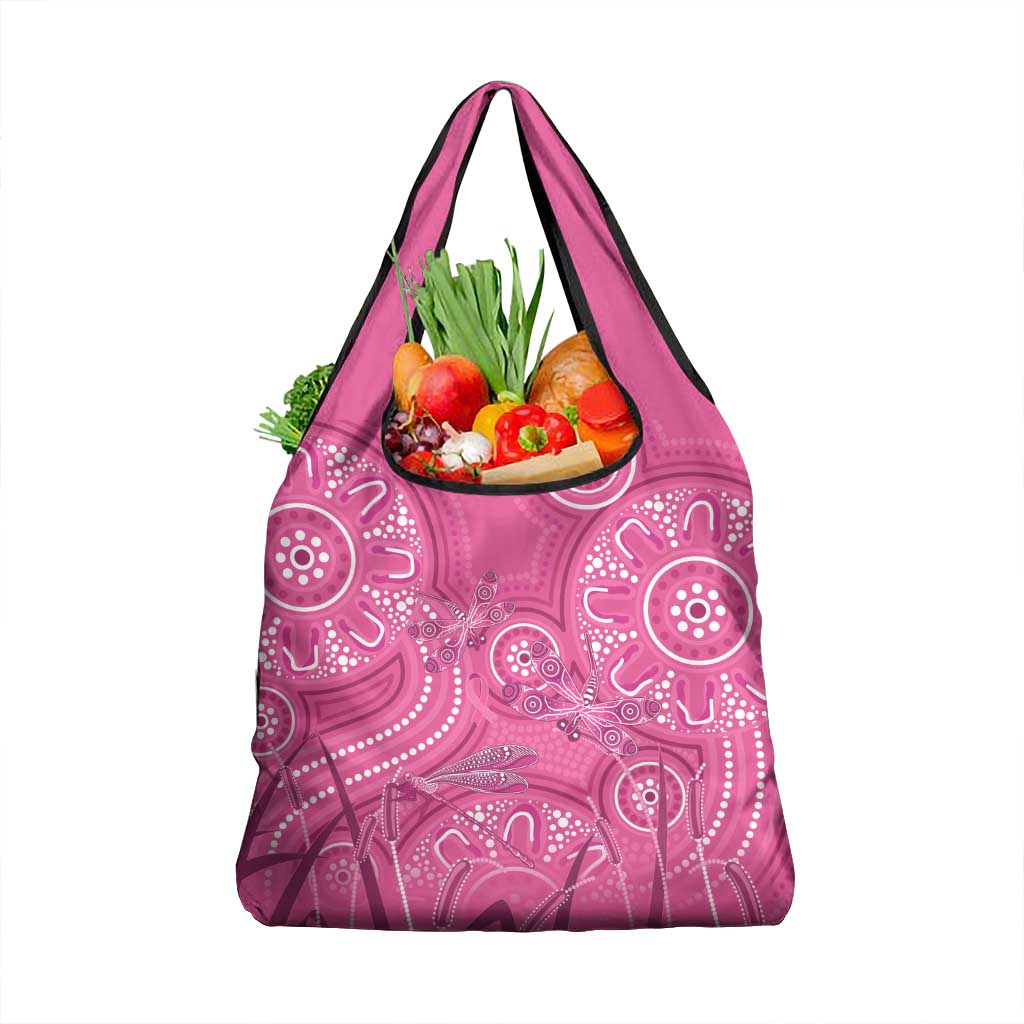 Australia Indigenous Pink Month Grocery Bag Breast Cancer Aboriginal Dragonflies Ribbon - Aussie Hoodie