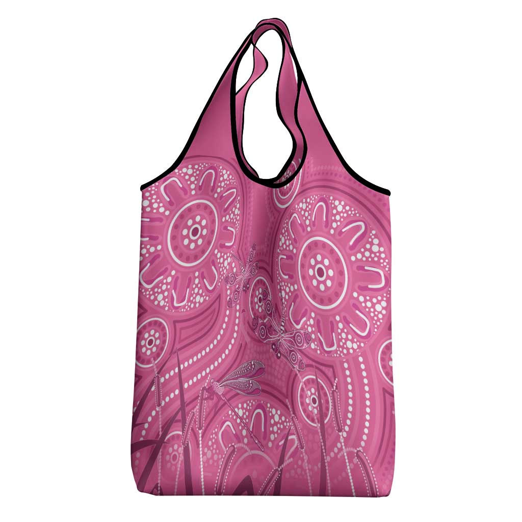 Australia Indigenous Pink Month Grocery Bag Breast Cancer Aboriginal Dragonflies Ribbon - Aussie Hoodie