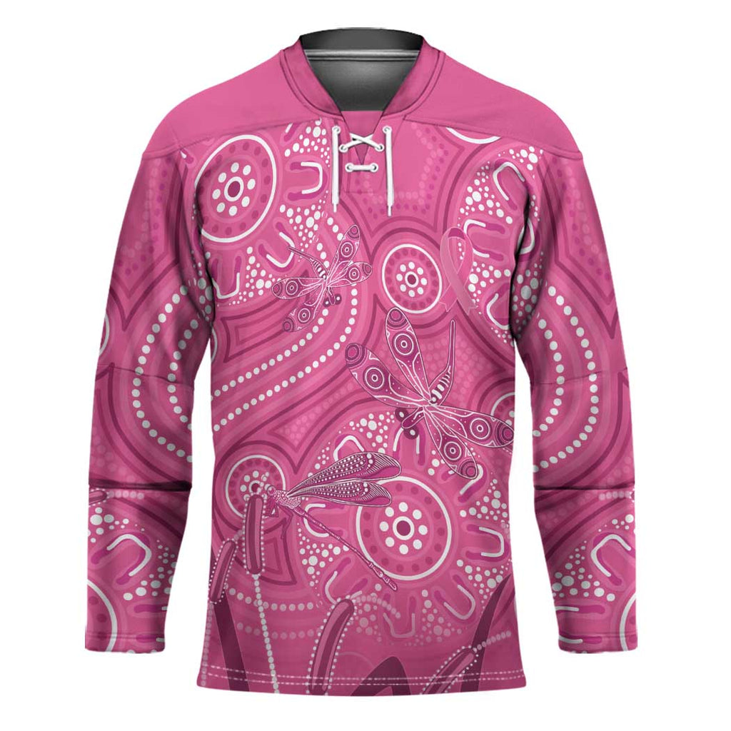 Australia Indigenous Pink Month Hockey Jersey Breast Cancer Aboriginal Dragonflies Ribbon - Aussie Hoodie