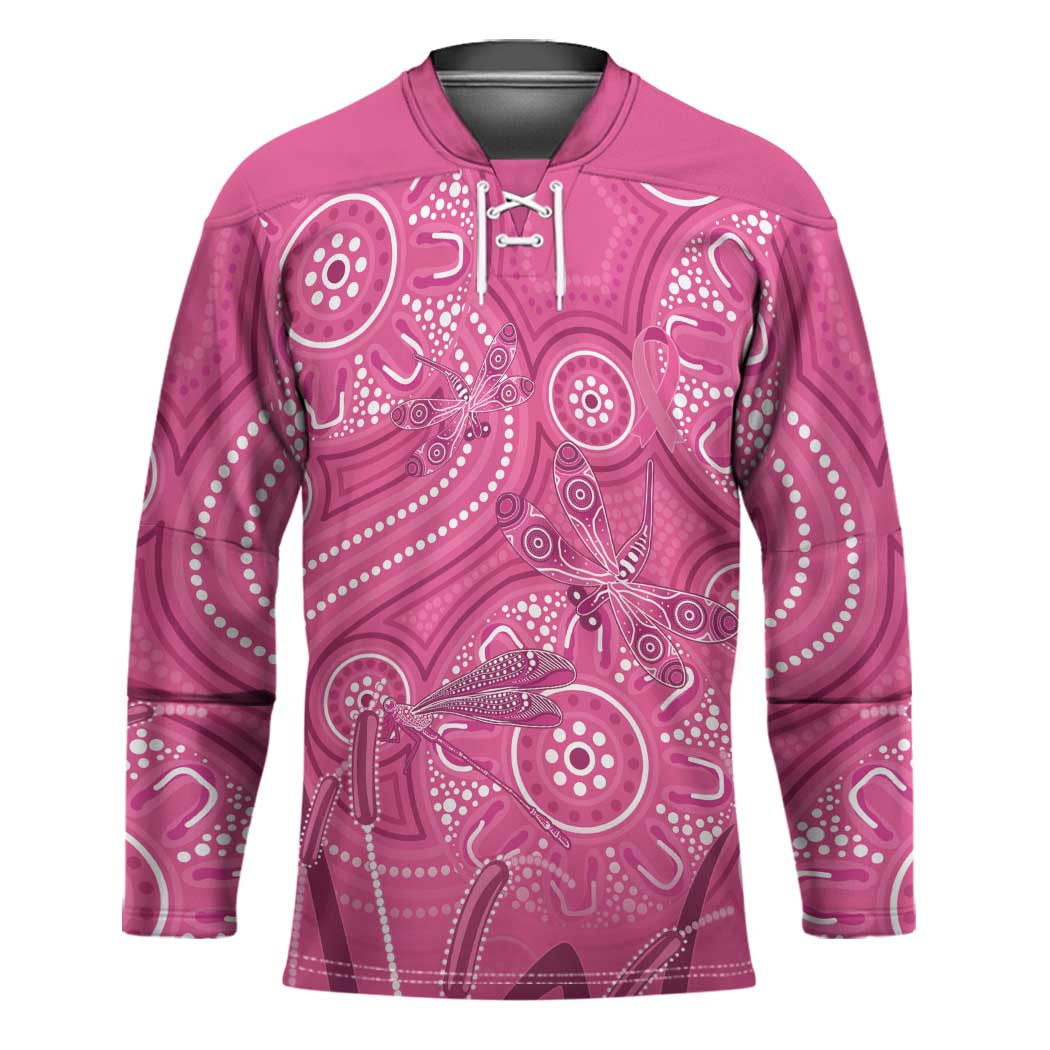 Australia Indigenous Pink Month Hockey Jersey Breast Cancer Aboriginal Dragonflies Ribbon - Aussie Hoodie