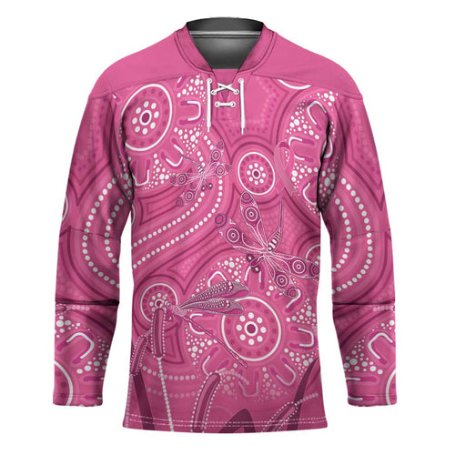 Australia Indigenous Pink Month Hockey Jersey Breast Cancer Aboriginal Dragonflies Ribbon - Aussie Hoodie