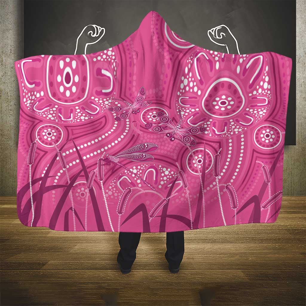 Australia Indigenous Pink Month Hooded Blanket Breast Cancer Aboriginal Dragonflies Ribbon - Aussie Hoodie