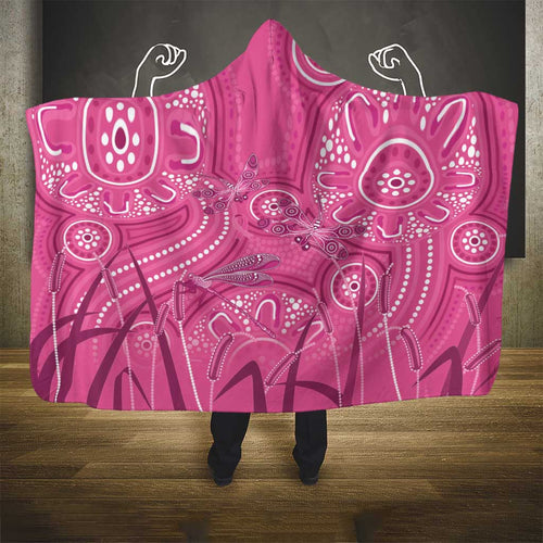 Australia Indigenous Pink Month Hooded Blanket Breast Cancer Aboriginal Dragonflies Ribbon - Aussie Hoodie