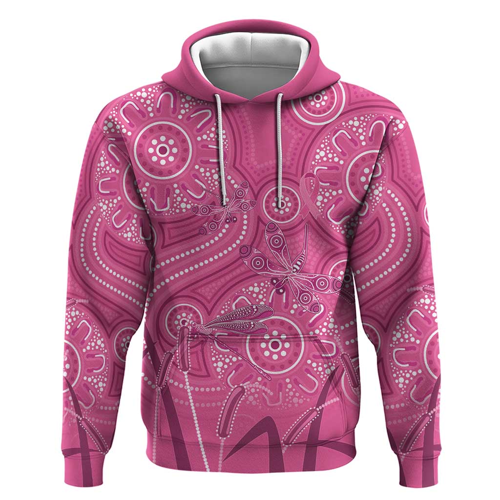 Australia Indigenous Pink Month Hoodie Breast Cancer Aboriginal Dragonflies Ribbon - Aussie Hoodie