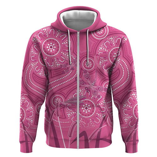 Australia Indigenous Pink Month Hoodie Breast Cancer Aboriginal Dragonflies Ribbon - Aussie Hoodie