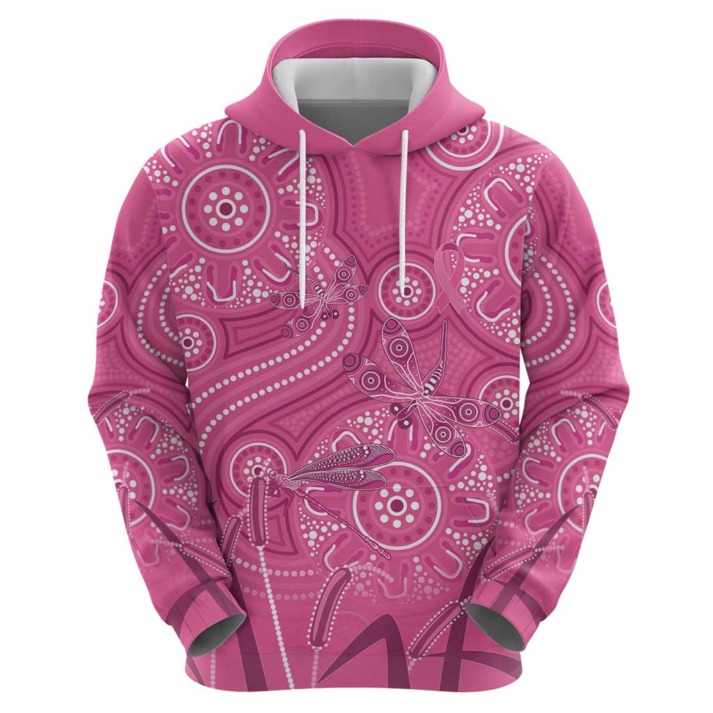 Australia Indigenous Pink Month Hoodie Breast Cancer Aboriginal Dragonflies Ribbon - Aussie Hoodie