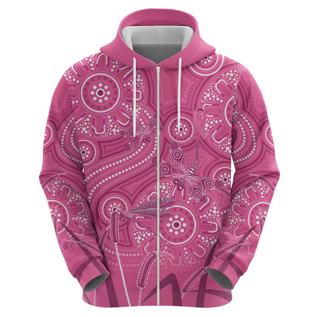 Australia Indigenous Pink Month Hoodie Breast Cancer Aboriginal Dragonflies Ribbon - Aussie Hoodie