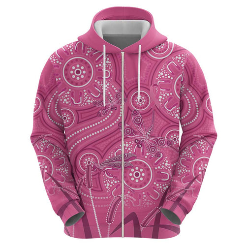 Australia Indigenous Pink Month Hoodie Breast Cancer Aboriginal Dragonflies Ribbon - Aussie Hoodie