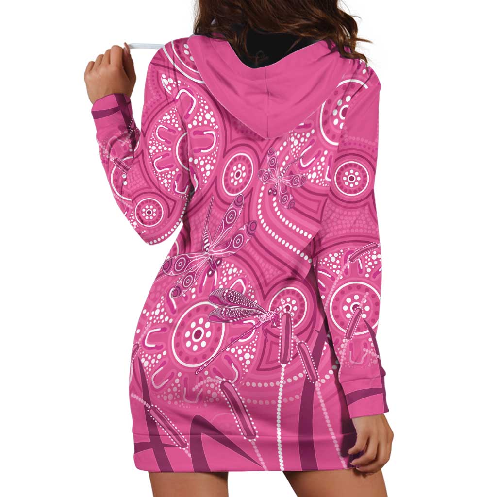 Australia Indigenous Pink Month Hoodie Dress Breast Cancer Aboriginal Dragonflies Ribbon - Aussie Hoodie