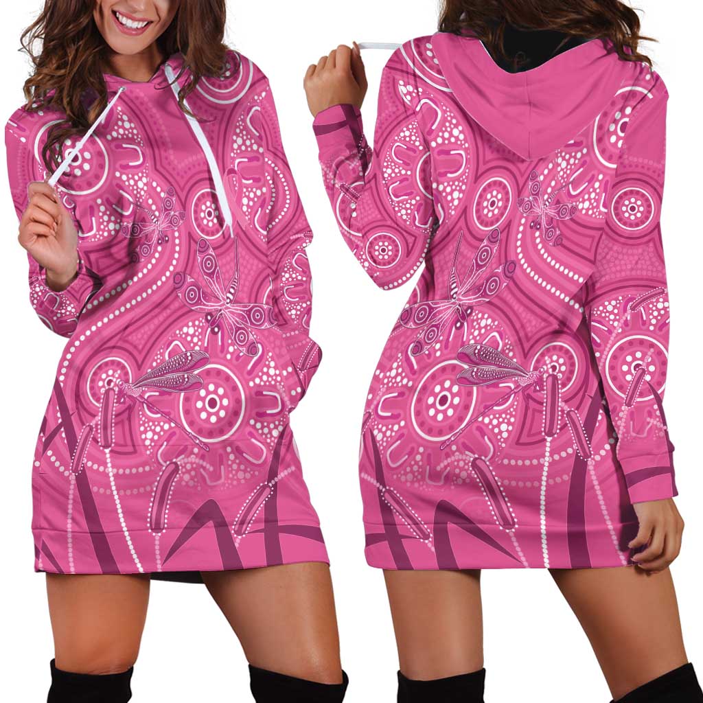 Australia Indigenous Pink Month Hoodie Dress Breast Cancer Aboriginal Dragonflies Ribbon - Aussie Hoodie