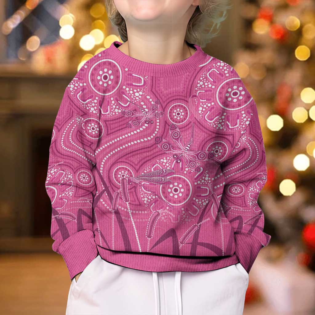 Australia Indigenous Pink Month Kid Ugly Christmas Sweater Breast Cancer Aboriginal Dragonflies Ribbon - Aussie Hoodie
