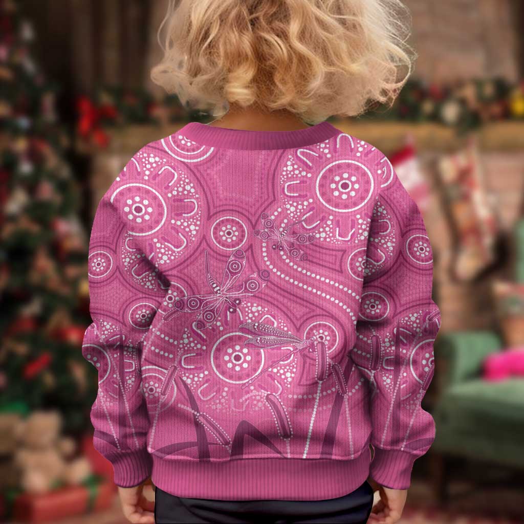 Australia Indigenous Pink Month Kid Ugly Christmas Sweater Breast Cancer Aboriginal Dragonflies Ribbon - Aussie Hoodie