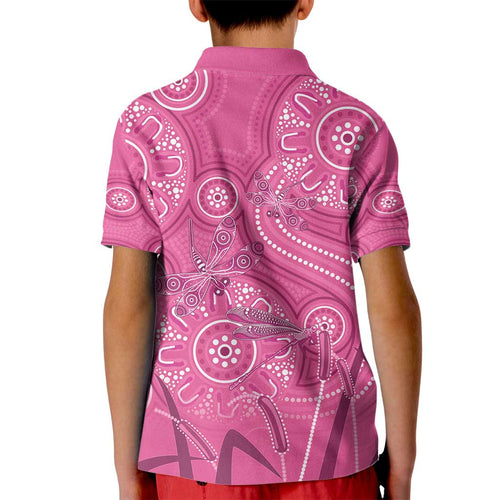 Australia Indigenous Pink Month Kid Polo Shirt Breast Cancer Aboriginal Dragonflies Ribbon - Aussie Hoodie