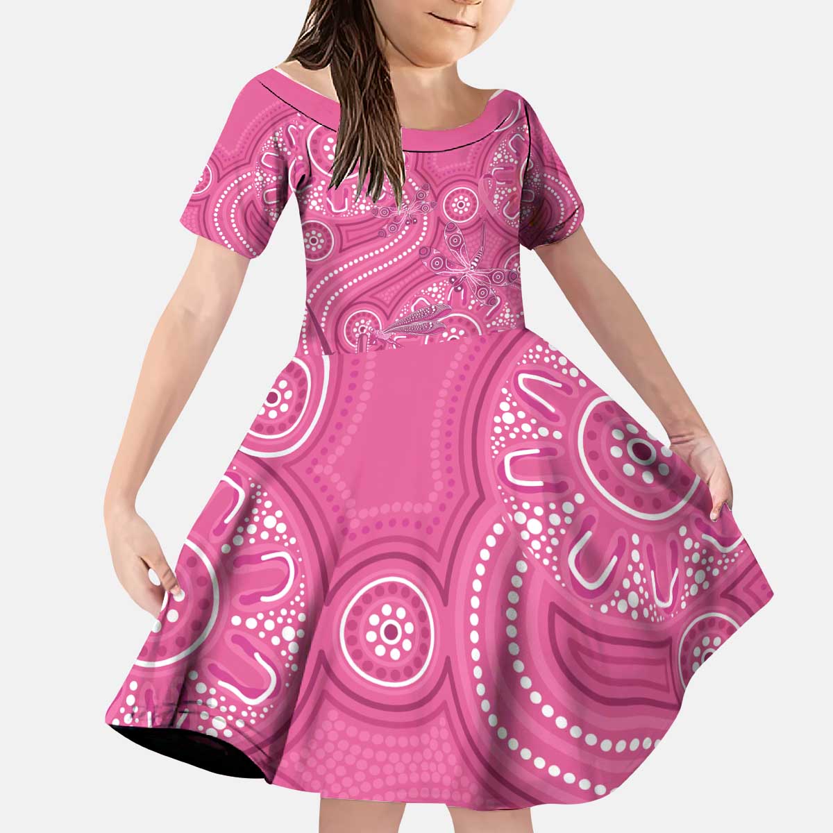 Australia Indigenous Pink Month Kid Short Sleeve Dress Breast Cancer Aboriginal Dragonflies Ribbon - Aussie Hoodie