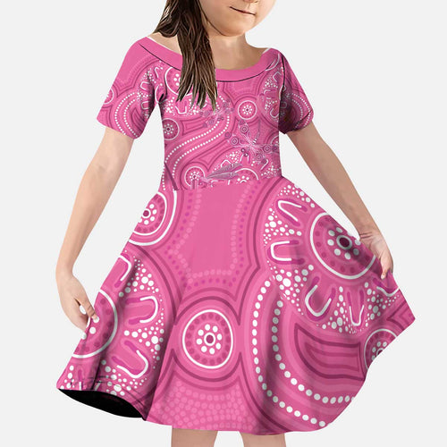 Australia Indigenous Pink Month Kid Short Sleeve Dress Breast Cancer Aboriginal Dragonflies Ribbon - Aussie Hoodie