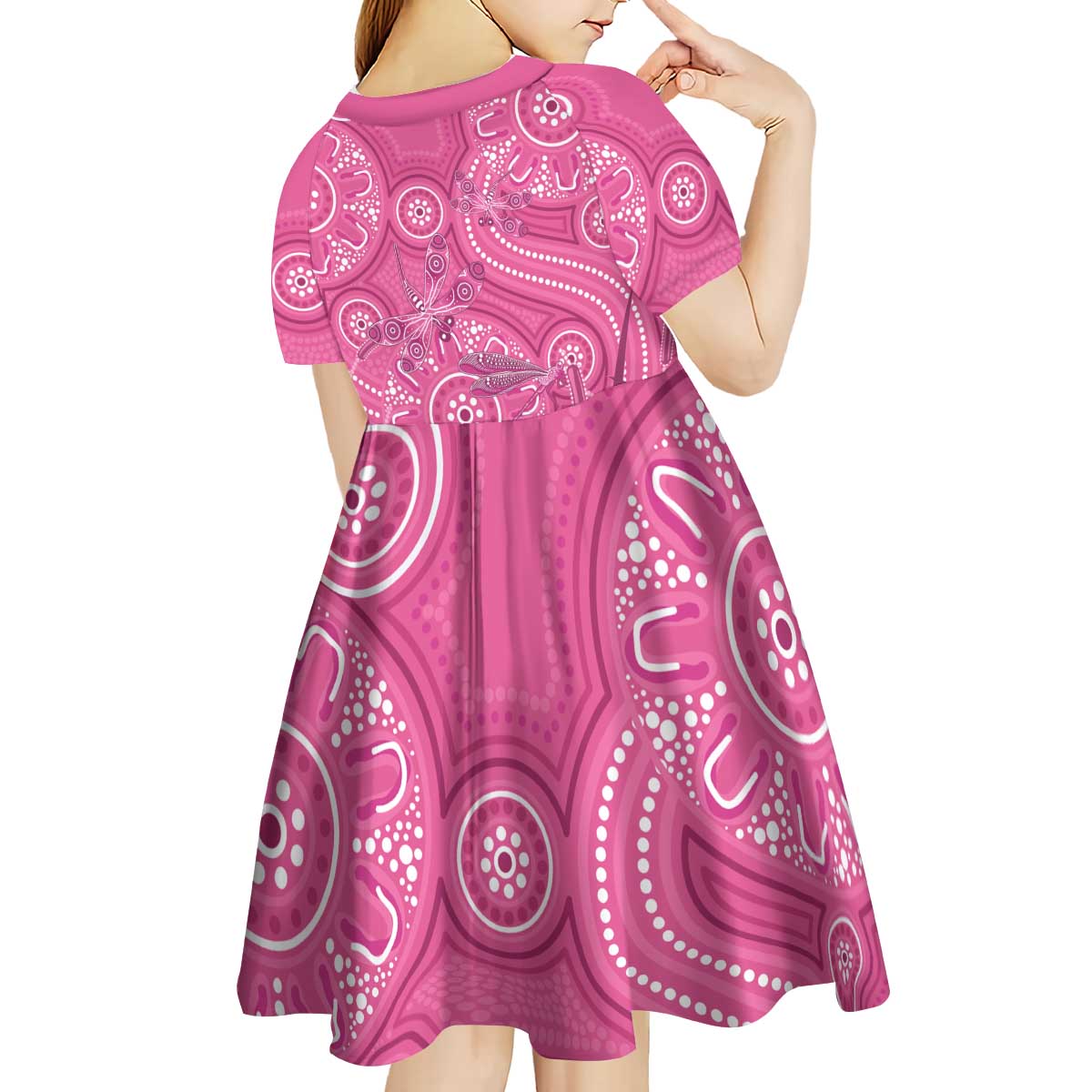 Australia Indigenous Pink Month Kid Short Sleeve Dress Breast Cancer Aboriginal Dragonflies Ribbon - Aussie Hoodie