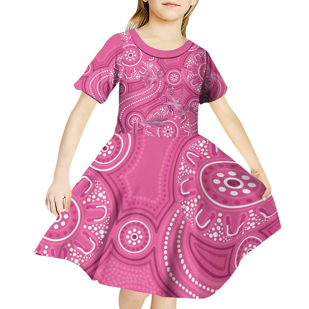 Australia Indigenous Pink Month Kid Short Sleeve Dress Breast Cancer Aboriginal Dragonflies Ribbon - Aussie Hoodie