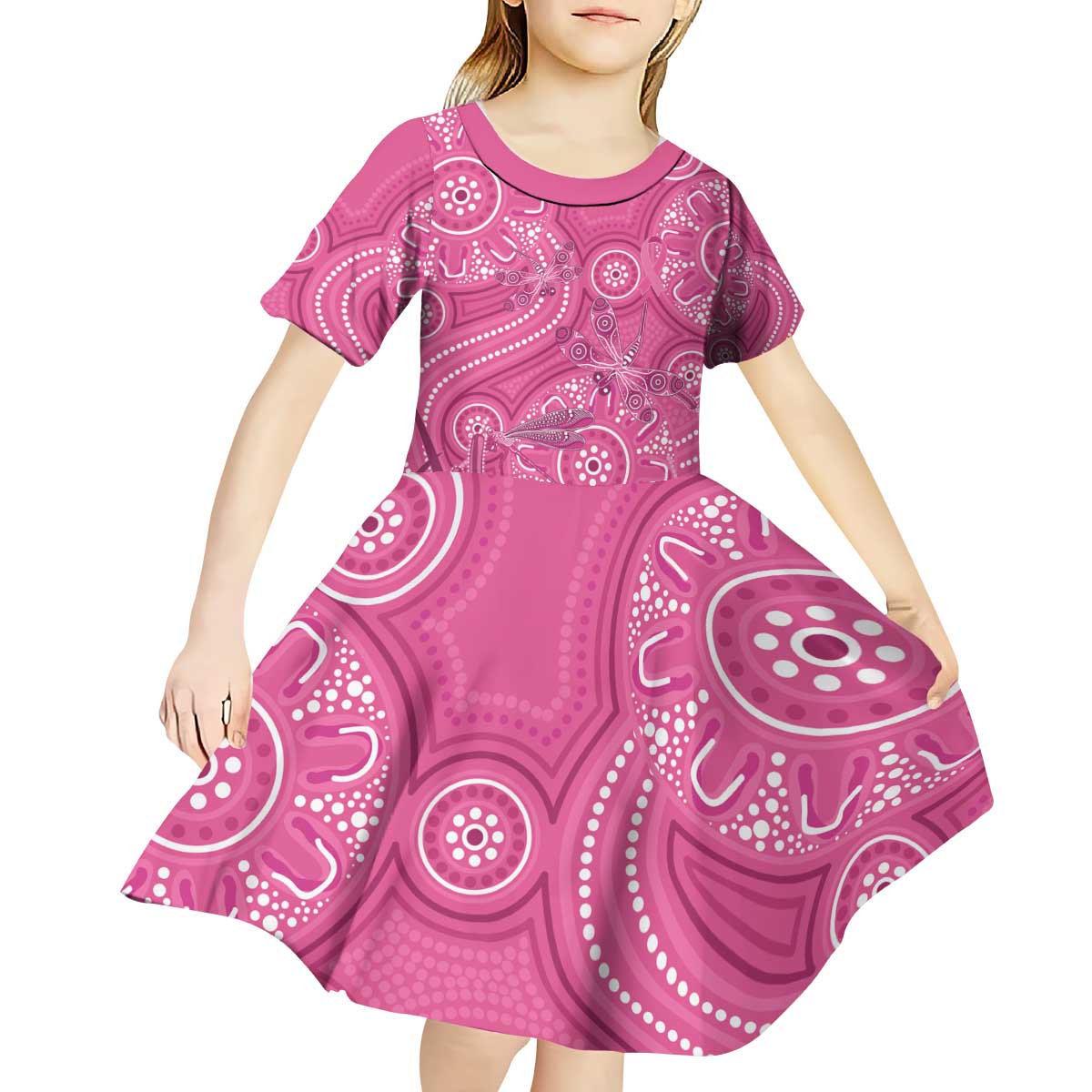 Australia Indigenous Pink Month Kid Short Sleeve Dress Breast Cancer Aboriginal Dragonflies Ribbon - Aussie Hoodie