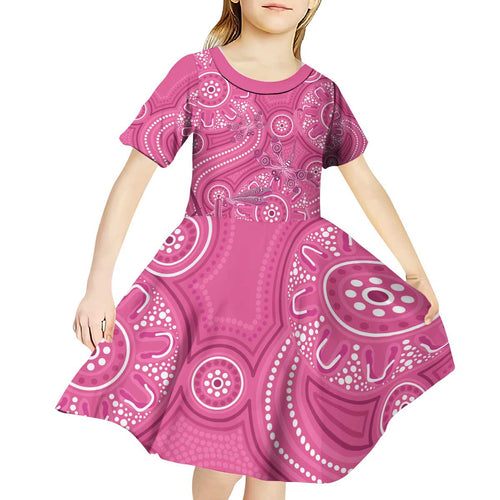 Australia Indigenous Pink Month Kid Short Sleeve Dress Breast Cancer Aboriginal Dragonflies Ribbon - Aussie Hoodie
