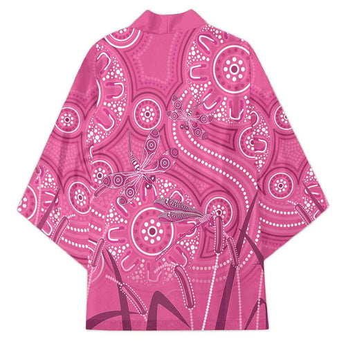 Australia Indigenous Pink Month Kimono Breast Cancer Aboriginal Dragonflies Ribbon - Aussie Hoodie