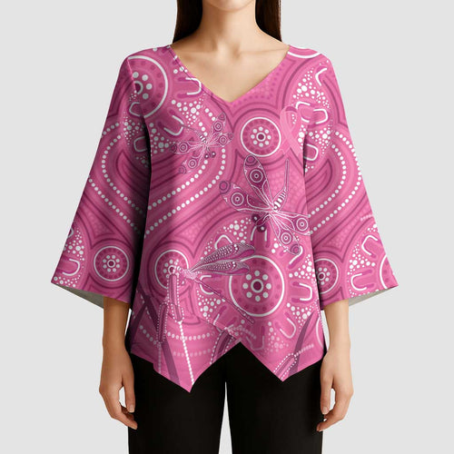 Australia Indigenous Pink Month Kimono Sleeve Blouse Breast Cancer Aboriginal Dragonflies Ribbon - Aussie Hoodie