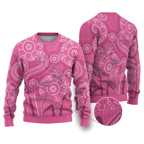 Australia Indigenous Pink Month Ugly Christmas Sweater Breast Cancer Aboriginal Dragonflies Ribbon - Aussie Hoodie