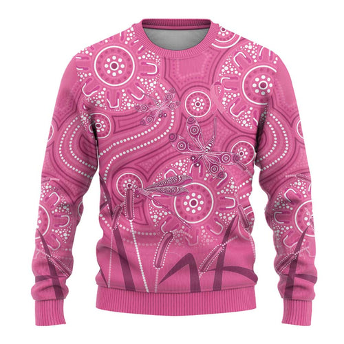 Australia Indigenous Pink Month Ugly Christmas Sweater Breast Cancer Aboriginal Dragonflies Ribbon - Aussie Hoodie