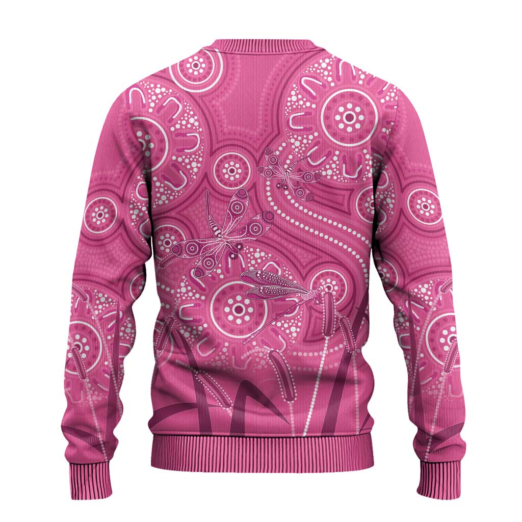 Australia Indigenous Pink Month Ugly Christmas Sweater Breast Cancer Aboriginal Dragonflies Ribbon - Aussie Hoodie