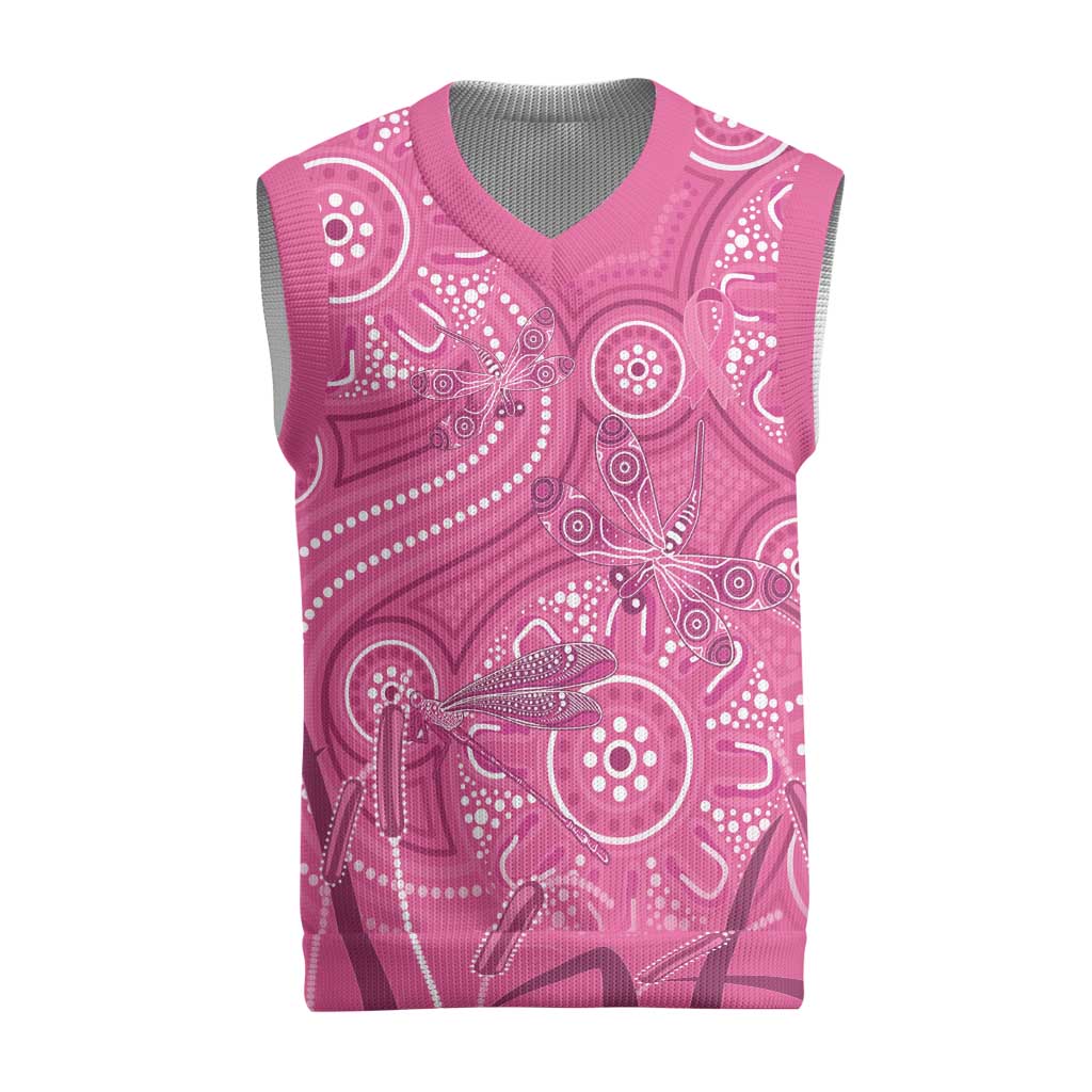 Australia Indigenous Pink Month Christmas Knitted V-Neck Vest Breast Cancer Aboriginal Dragonflies Ribbon - Aussie Hoodie