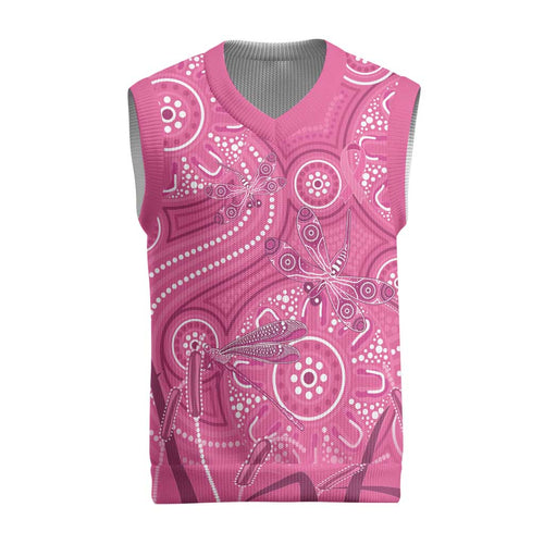 Australia Indigenous Pink Month Christmas Knitted V-Neck Vest Breast Cancer Aboriginal Dragonflies Ribbon - Aussie Hoodie