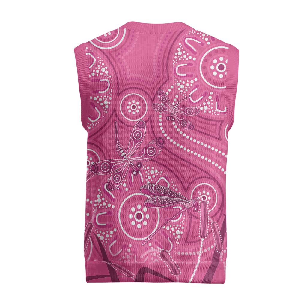 Australia Indigenous Pink Month Christmas Knitted V-Neck Vest Breast Cancer Aboriginal Dragonflies Ribbon - Aussie Hoodie