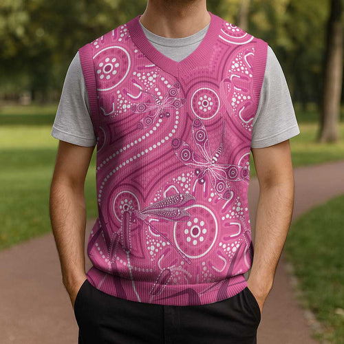 Australia Indigenous Pink Month Christmas Knitted V-Neck Vest Breast Cancer Aboriginal Dragonflies Ribbon - Aussie Hoodie