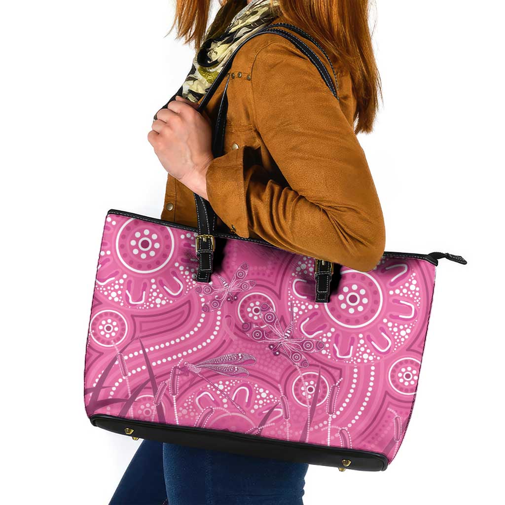 Australia Indigenous Pink Month Leather Tote Bag Breast Cancer Aboriginal Dragonflies Ribbon - Aussie Hoodie