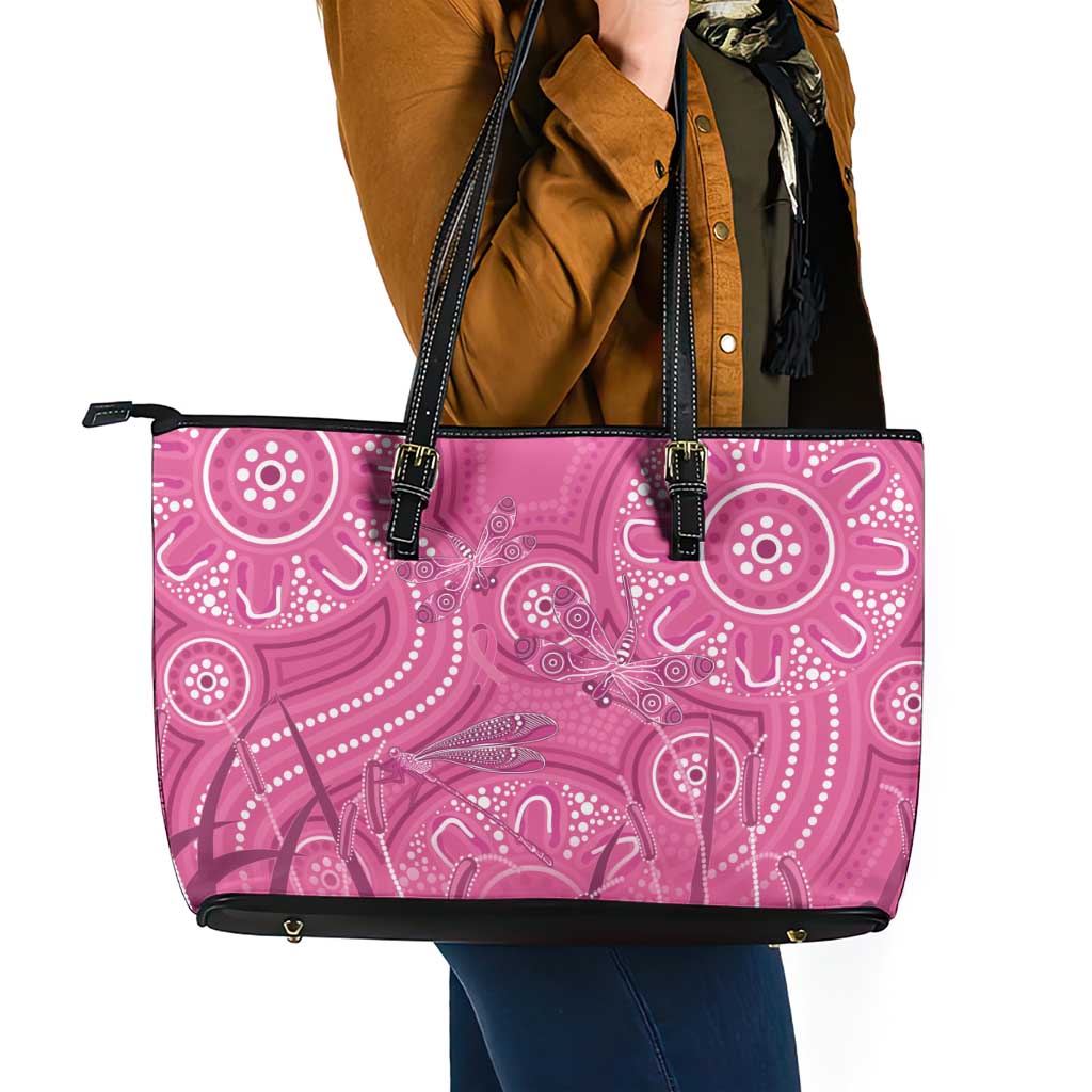 Australia Indigenous Pink Month Leather Tote Bag Breast Cancer Aboriginal Dragonflies Ribbon - Aussie Hoodie