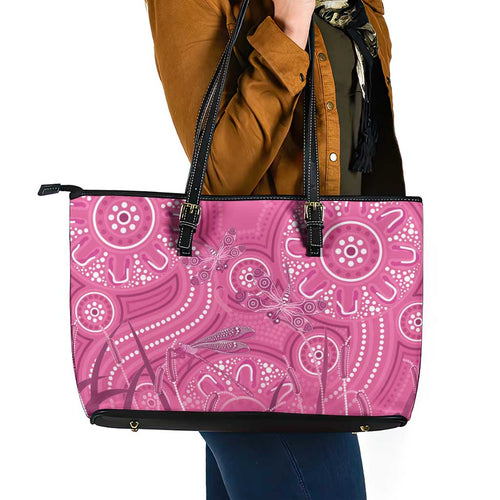 Australia Indigenous Pink Month Leather Tote Bag Breast Cancer Aboriginal Dragonflies Ribbon - Aussie Hoodie