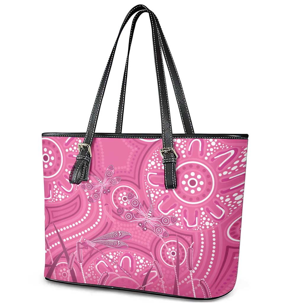Australia Indigenous Pink Month Leather Tote Bag Breast Cancer Aboriginal Dragonflies Ribbon - Aussie Hoodie