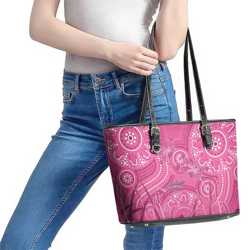 Australia Indigenous Pink Month Leather Tote Bag Breast Cancer Aboriginal Dragonflies Ribbon - Aussie Hoodie
