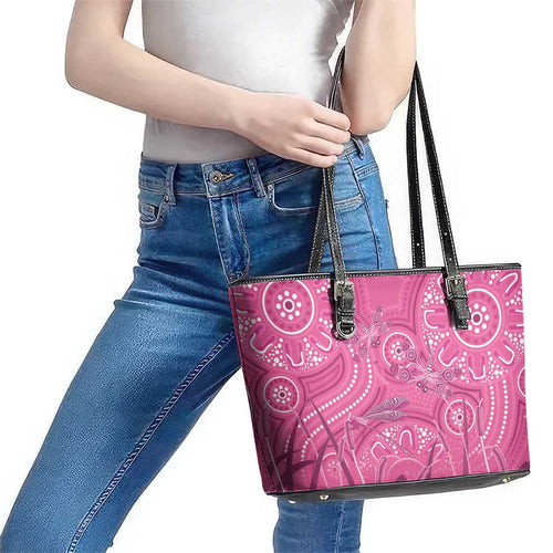 Australia Indigenous Pink Month Leather Tote Bag Breast Cancer Aboriginal Dragonflies Ribbon - Aussie Hoodie