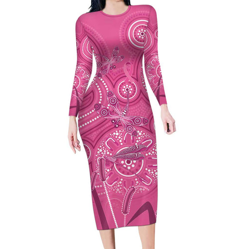 Australia Indigenous Pink Month Long Sleeve Bodycon Dress Breast Cancer Aboriginal Dragonflies Ribbon - Aussie Hoodie