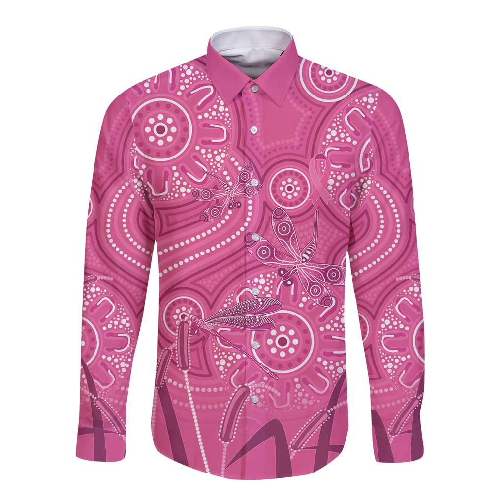 Australia Indigenous Pink Month Long Sleeve Button Shirt Breast Cancer Aboriginal Dragonflies Ribbon - Aussie Hoodie