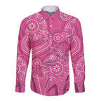 Australia Indigenous Pink Month Long Sleeve Button Shirt Breast Cancer Aboriginal Dragonflies Ribbon - Aussie Hoodie